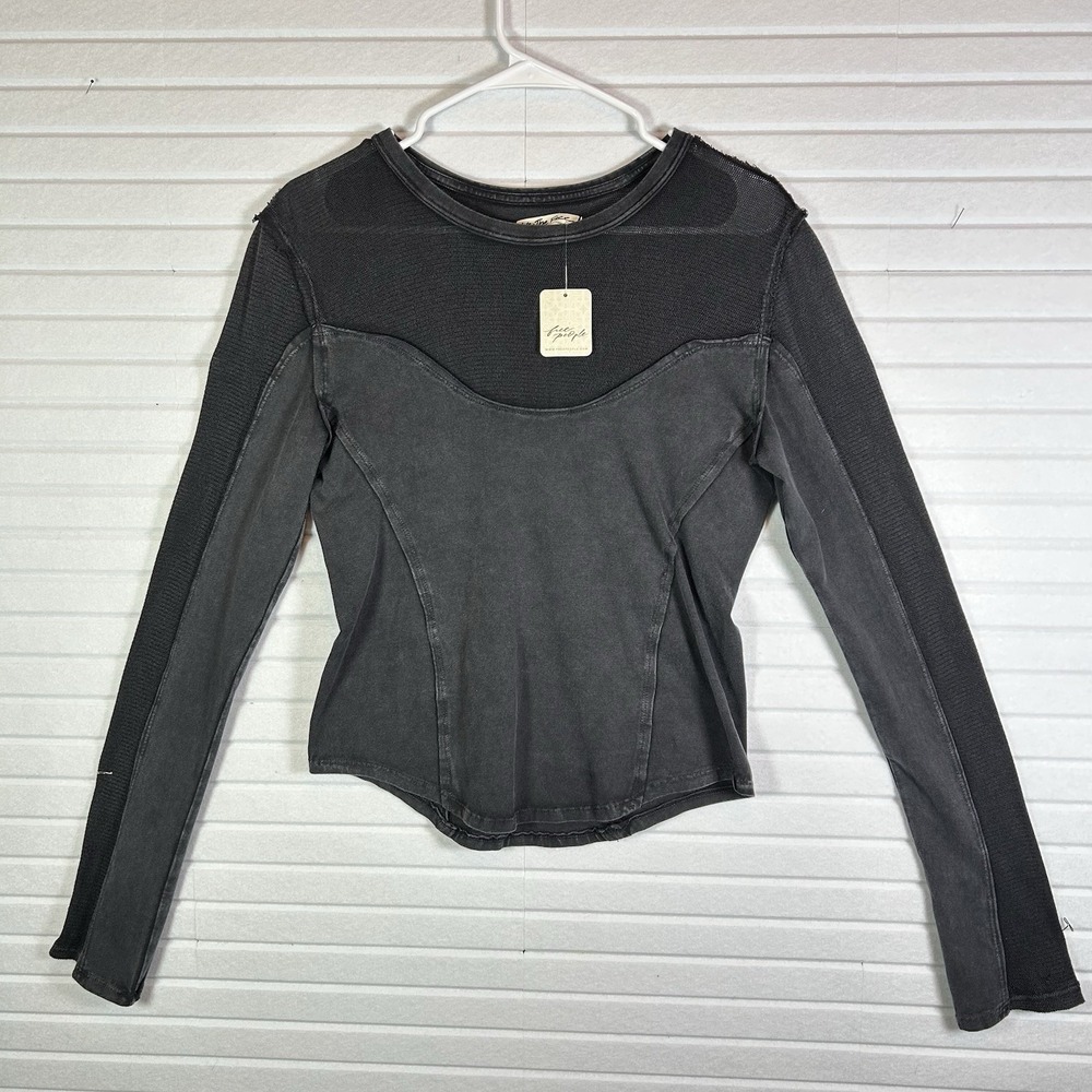 Free People We The Free The Most Long Sleeve Tee Womens L Black Mesh NWT